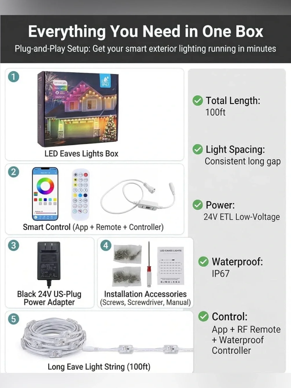 100 FT Permanent Outdoor LED Lights – Smart App + Remote – Color Changing